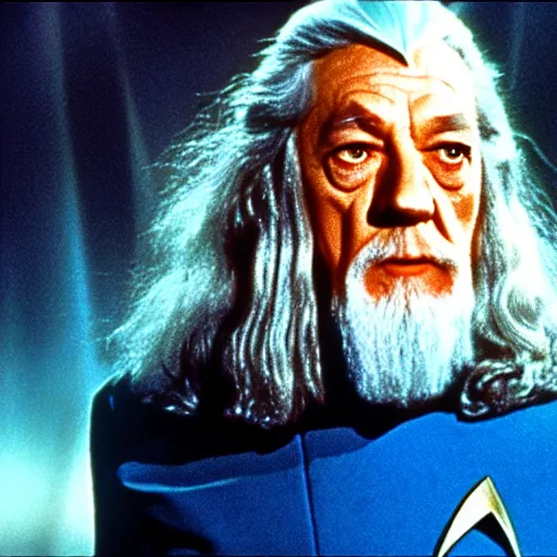 Image similar to A still of Gandalf as Captain Kirk on Star Trek, sharp focus, high quality, 4k