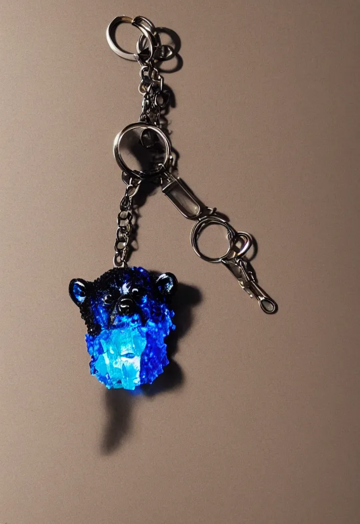 Image similar to a small deep colour crystal bear keychain by greg rutkowski, sung choi, mitchell mohrhauser, maciej kuciara, johnson ting, maxim verehin, peter konig, 8 k photorealistic, cinematic lighting, hd, high details, dramatic, atmosphereric