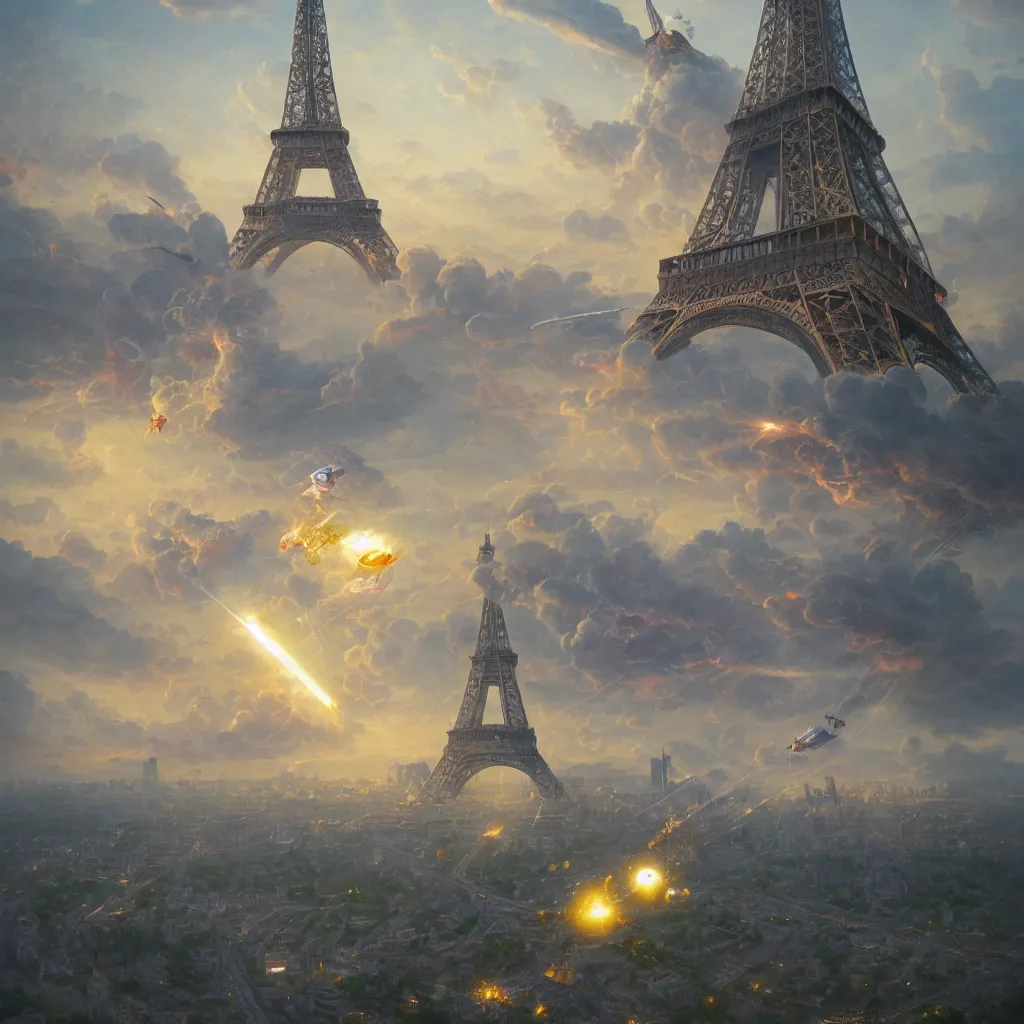 Image similar to tictac ufo crashing on the eiffel tower, hyper-realistic, Peter Mohrbacher Takayuki Takeya , dramatic cinematic lighting rendered by octane, 8k, photograph