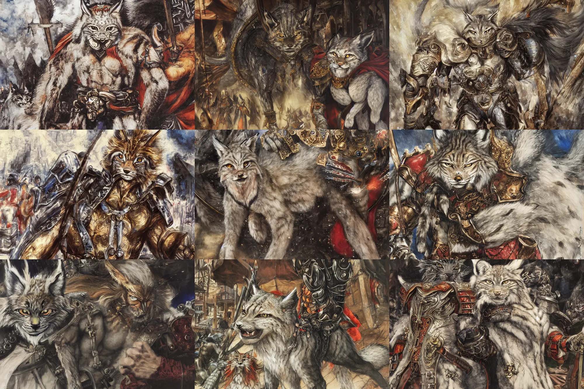 Image similar to 8k Yoshitaka Amano painting of upper body of a young cool looking lynx beast-man with white mane at a medieval market at windy day. Depth of field. He is wearing complex fantasy armors. He has huge paws. Renaissance style lighting.