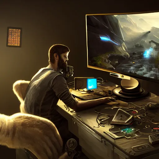 Image similar to realistic man using pc in gaming room, artstation trends, sci fi concept art, highly detailed, intricate, sharp focus, digital art, 8 k