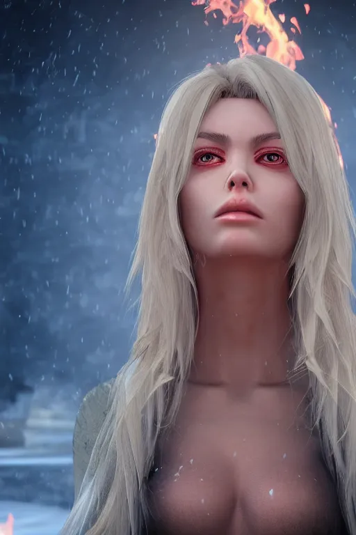 Image similar to beautiful blonde woman the body completely covered in flames with a long jacket behind her a city during the end of the world, realistic, high definition, many details, symmetrical face, realistic eyes, art of unreal engine 5