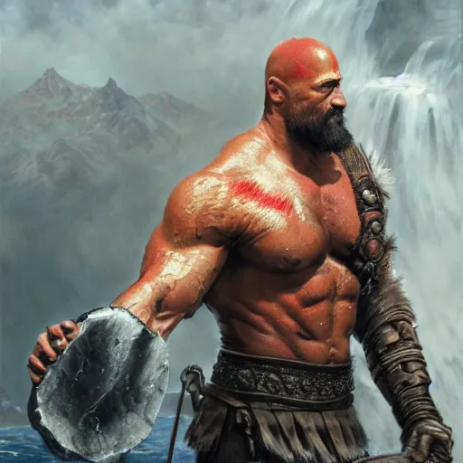 Prompt: Dwayne Johnson as Kratos, highly detailed, digital painting, artstation, concept art, smooth, sharp focus, illustration, ArtStation, art by artgerm and greg rutkowski and alphonse mucha and J. C. Leyendecker and Edmund Blair Leighton and Katsuhiro Otomo and Geof Darrow and Phil hale and Ashley wood and Ilya repin and Charlie Bowater