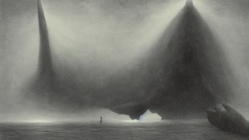 Prompt: environment under the ocean, a huge monster of the deep emerges out of the darkness of the deep ocean waters to attack a small submarine, Beksiński, horror, eerie lighting, god rays