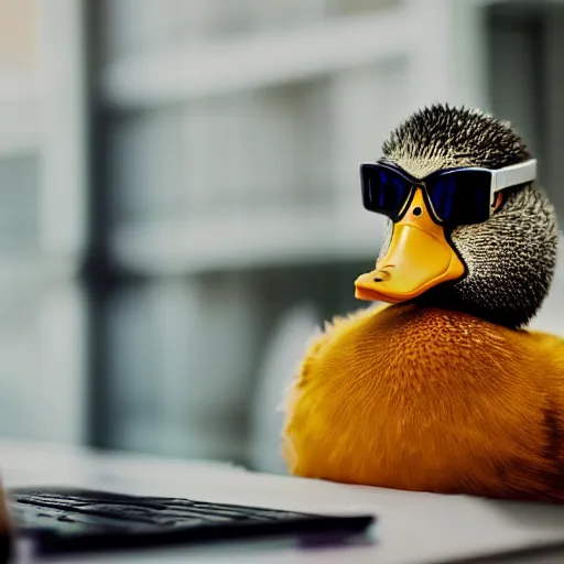 Prompt: human looking duck working on computer wearing glasses, 4K,