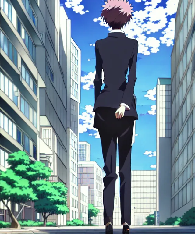 Prompt: A anime about a short-haired office solo worker standing on the sidewalk. Sharp high quality anime cover, fine details, straight lines, perfect faces, architecture in the background, masterpiece, shadows, art, highly detailed