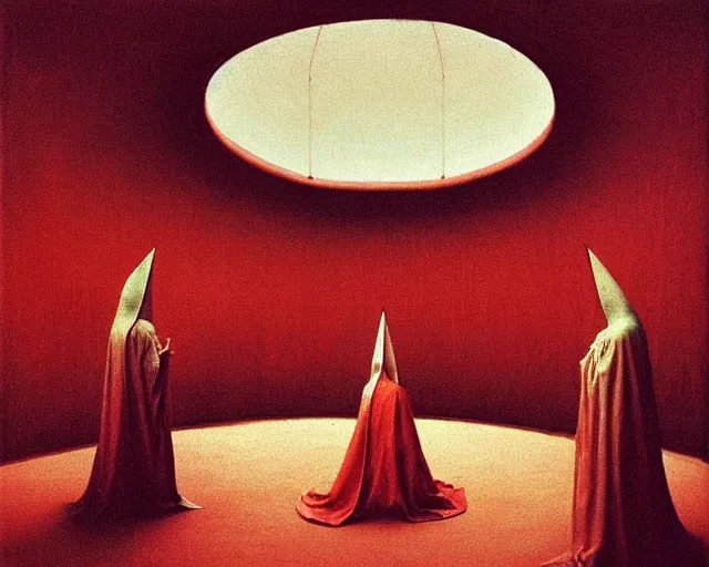 Image similar to devotion to the scarlet woman, priestess in a conical hat, coronation, ritual, sacrament, by francis bacon, beksinski, mystical redscale photography evocative, luxury, opulence.