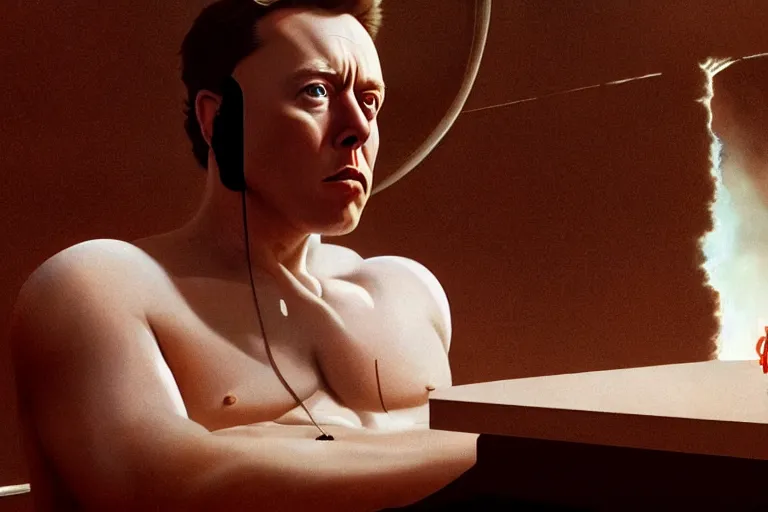 Prompt: hyperrealism aesthetic ridley scott and caravaggio and denis villeneuve style photography of a detailed giant elon musk, siting on a detailed ultra huge toilet and scrolling his smartphone in hyperrealism scene from detailed art house movie in style of alejandro jodorowsky and wes anderson