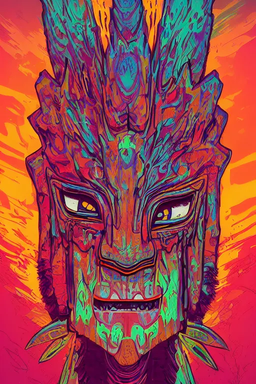 Image similar to totem animal tribal chaman vodoo mask feather gemstone plant wood rock video game illustration vivid color borderlands by josan gonzales and dan mumford radiating a glowing aura