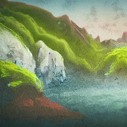 Prompt: digital art of a lush natural scene on an alien planet by lurid ( 2 0 2 2 ). beautiful landscape. weird vegetation. cliffs and water. grainy and rough. interesting colour scheme. soft warm colours. painting from high quality 3 d render. absurd.