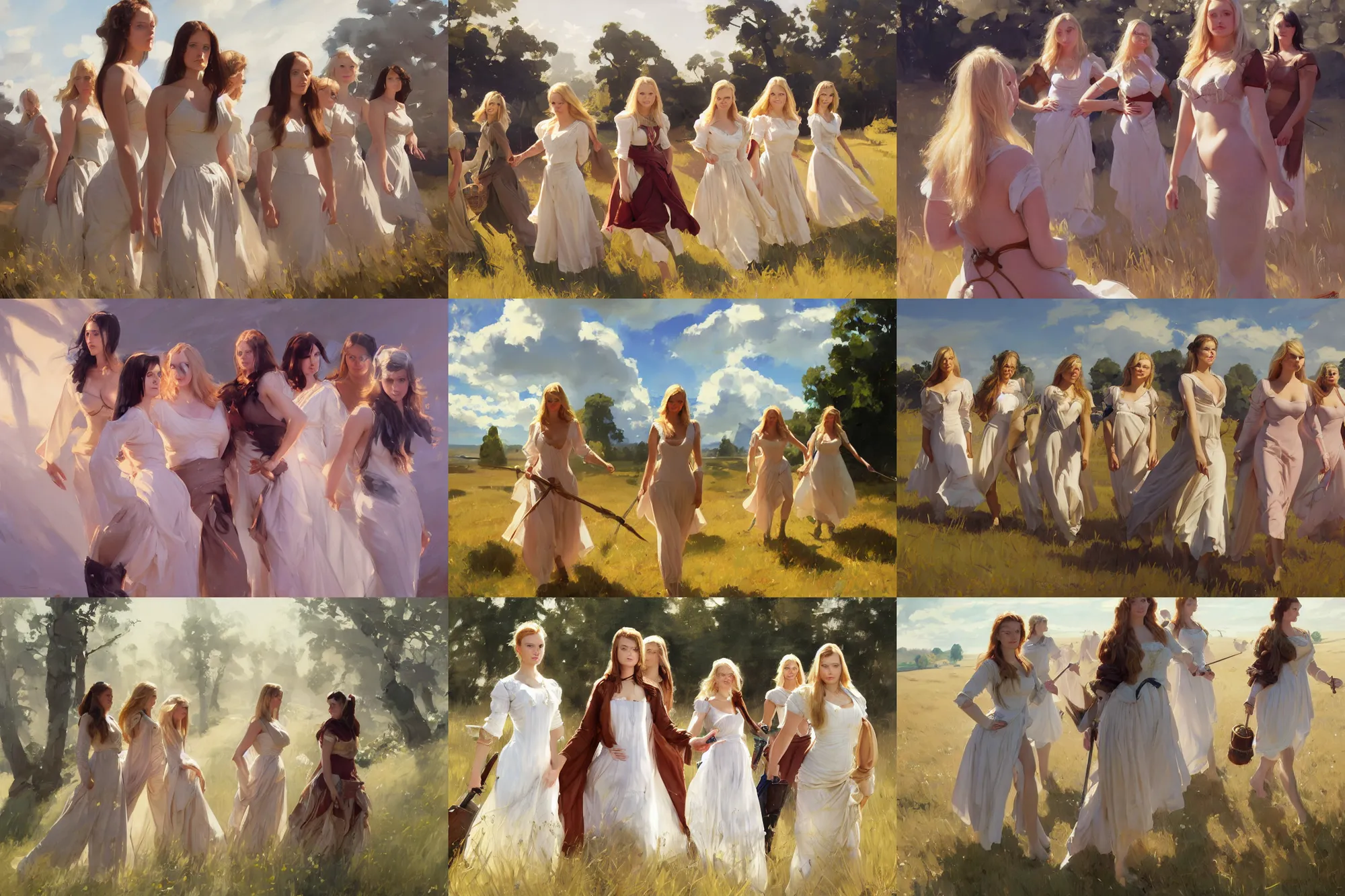 Prompt: five of beautiful finnish norwegian swedish scandinavian attractive glamour models wearing 1 7 th century stays with low neckline walking in the field in a sunny day, jodhpurs greg manchess painting by sargent and leyendecker, studio ghibli fantasy medium shot asymmetrical intricate elegant matte painting illustration hearthstone, by greg rutkowski by greg tocchini by james gilleard