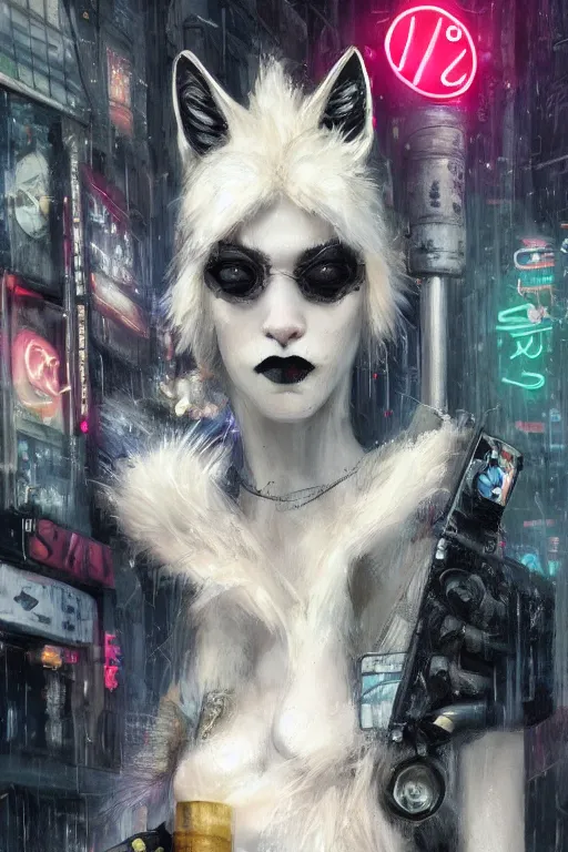 Image similar to gorgeous portrait of a tall beautiful white female anthro fox smoking a cigarette towering head and shoulders above the bustling crowd of a rainy city street around her, goth punk clothes, cyberpunk, harsh neon lights, highly detailed, sharp focus, digital painting, illustration, trending on artstation, art by sakimichan, wlop, greg rutkowski