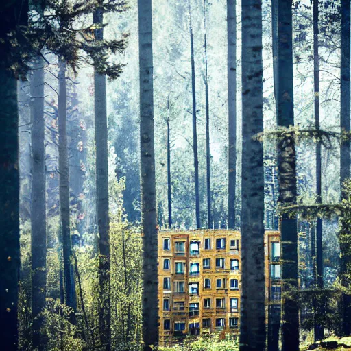 Prompt: national geographic photo of cute soviet block of flats in forest by ivan shishkin, bokeh