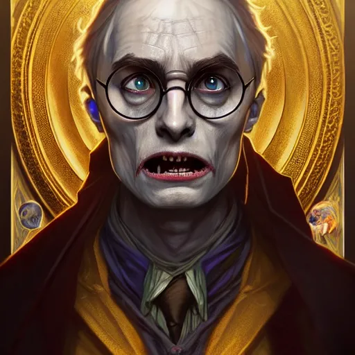 Image similar to undead harry potter. d & d, portrait, highly detailed, digital painting, trending on artstation, intricate details, energetic mood, golden ratio composition, concept art, sharp focus, illustration, art by artgerm and greg rutkowski and alphonse mucha and magali villeneuve, 8 k, 4 k,