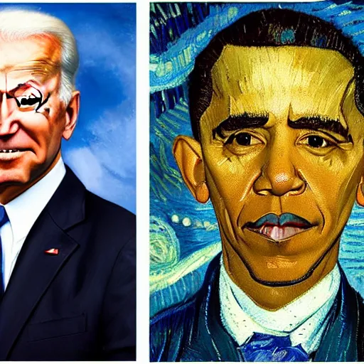 Image similar to a perfect fusion of Joe Biden and Barack Obama, style of Vincent Van Gogh, presidential fusion, mix of Biden and Obama, presidential cross, portrait, oil painting by Van Gogh, 4k photograph of painting