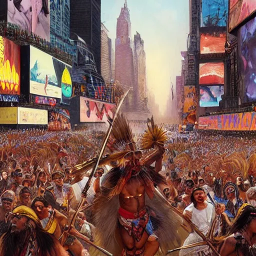 Image similar to A beautiful wide angle cinematic painting of an Indigenous warrior tribe declaring an end to colonizer rule in time square, colonizers demise, intricate detail, ornate, conceptual art, soft light, dynamic, sharp focus, depth of field blur, art by artgerm and greg rutkowski and alphonse mucha