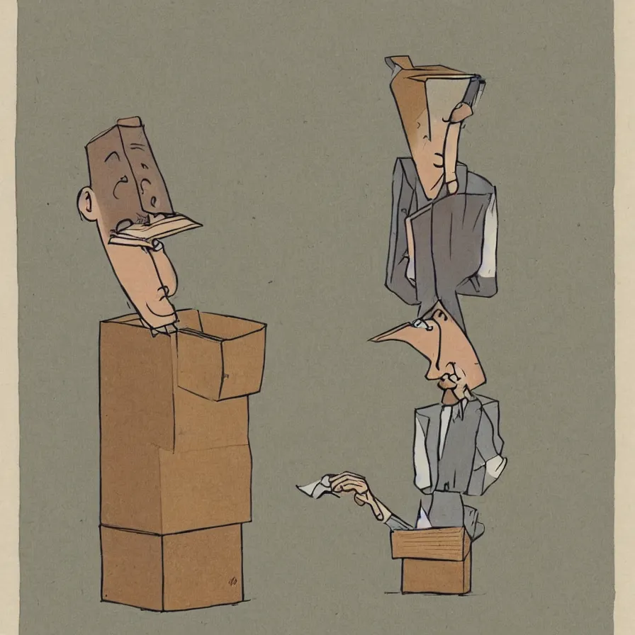 Image similar to a cartoon of a long - nosed man in a box poking his head through the top, as by william rotsler