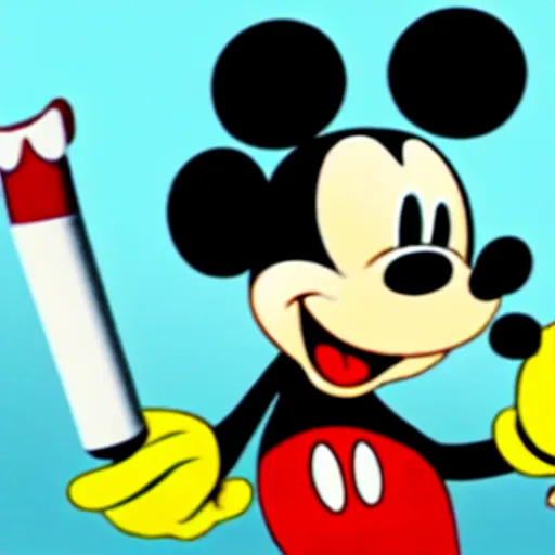 Image similar to Mickey Mouse smoking a big joint. He's stoned. His eyes are bloodshot