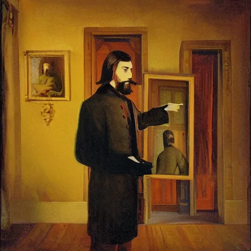 Prompt: Photorealistic a young Rasputin looking at himself in a mirror of Russian castle room