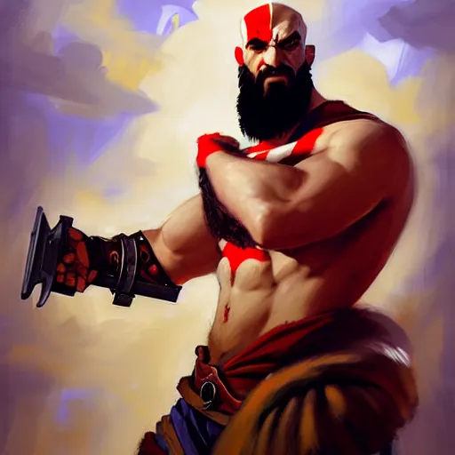 Image similar to Greg Manchess portrait painting of Kratos as Overwatch character, medium shot, asymmetrical, profile picture, Organic Painting, sunny day, Matte Painting, bold shapes, hard edges, street art, trending on artstation, by Huang Guangjian and Gil Elvgren and Sachin Teng