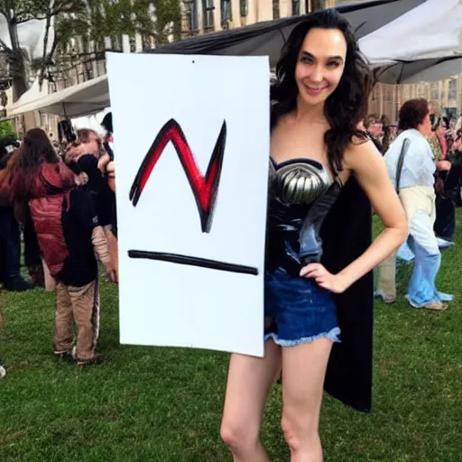 Image similar to Gal Gadot holding a sign that says M!I! T! C! H! I! E! P! O! O! !!!! as painted by Ralph Horsley