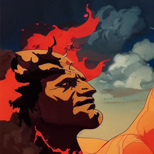 Image similar to Joshua Middleton comic art, A large black bison with fiery eyes, Bison God, thick black smoke, stormy skies, midnight, indigo, Ancient, a scene from the TV show, American Gods