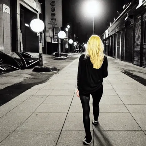 Prompt: a blonde woman with a ponytail wearing black clothes wanders through a city at night, anime