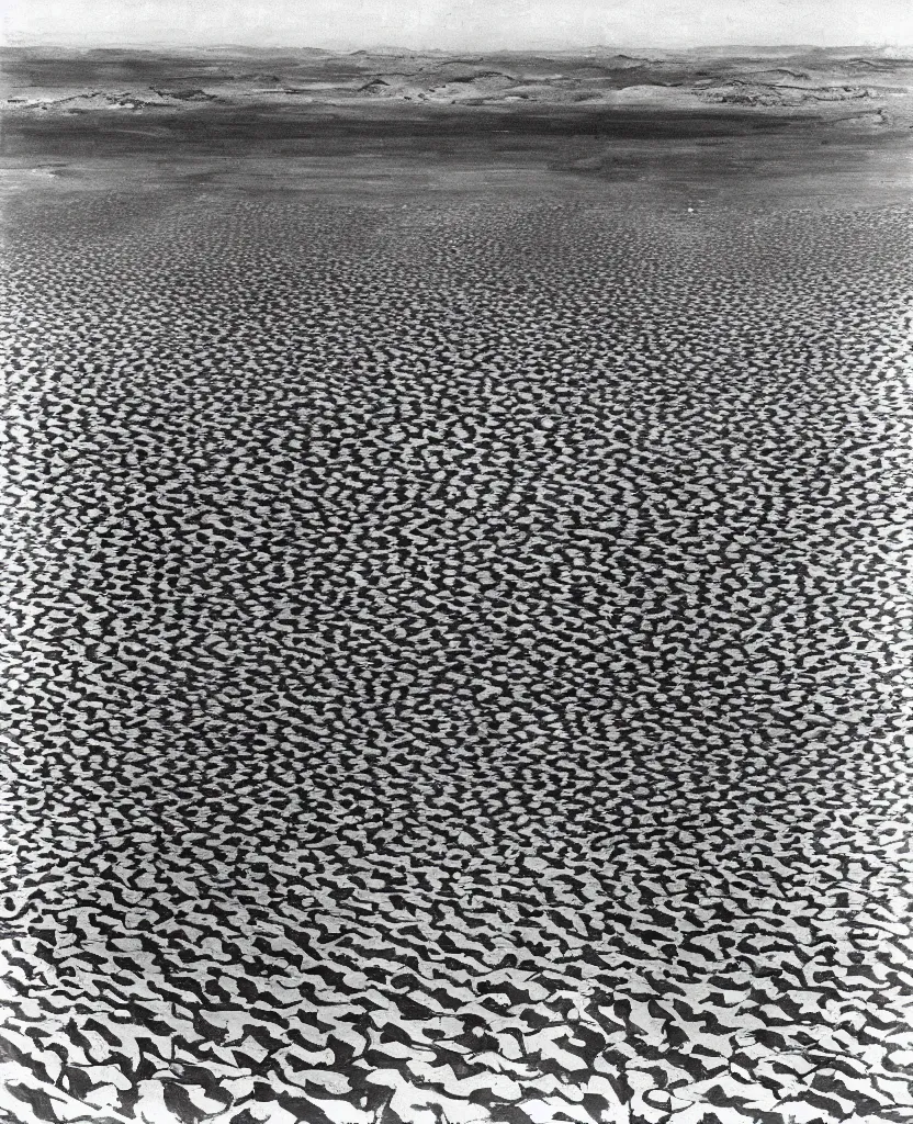 Image similar to a beautiful painting of bombs impact on desert in el alamein battle, wwii, black and white, painted by escher