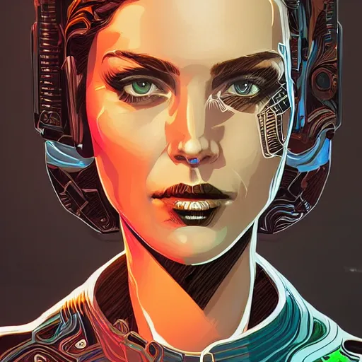 Prompt: a portrait of a female android, by Dan Mumford and Sandra Chevrier, 4k