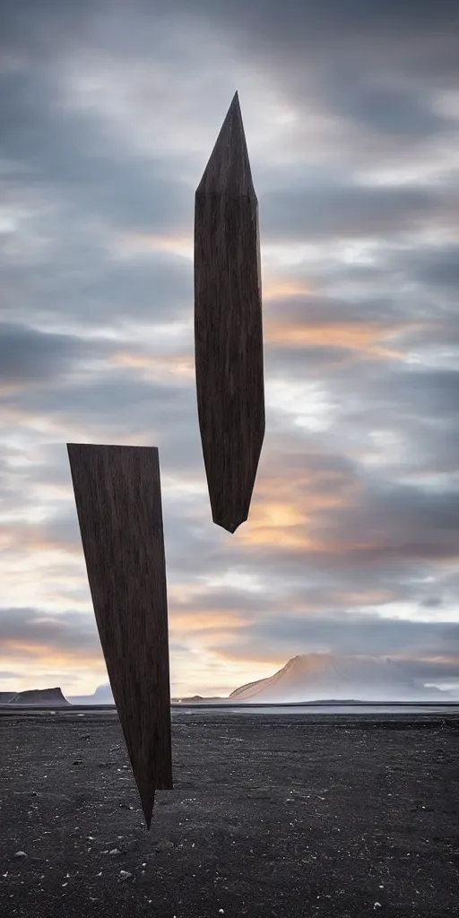 Image similar to futuristic angular architect humanoid sculpture made from deconstucted charcoal wood and mirrors, refracted, floating, iceland landscape photography sunset, by lurie belegurschi and gunnar freyr