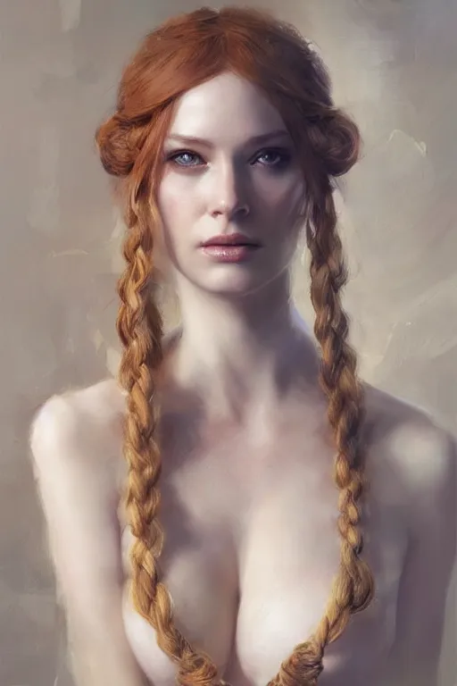 Prompt: Portrait of beautiful pale maiden who looks like christina hendricks with golden strands braided into her hair, digital art by Ruan Jia, highly detailed, trending on artstation, award winning,