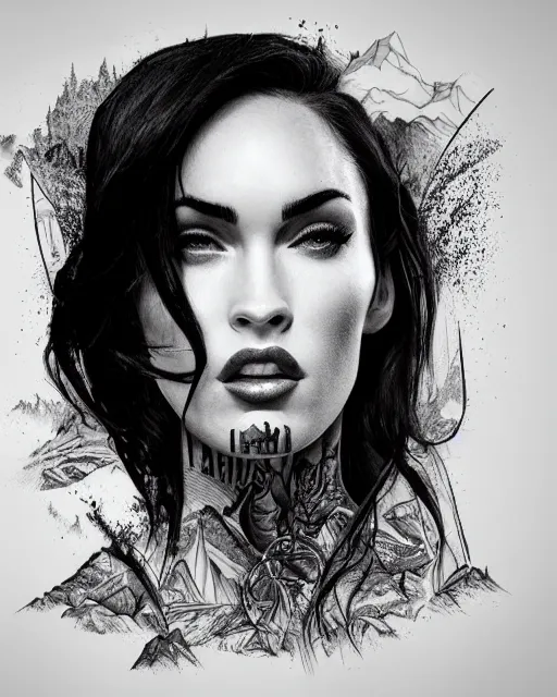 Image similar to megan fox face mash up with beautiful mountains, in the style of dan mountford, tattoo sketch, double exposure, hyper realistic, amazing detail, black and white