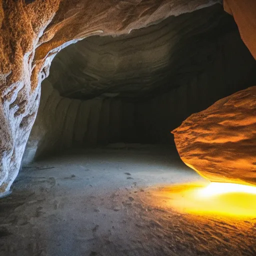 Image similar to photo inside a cave of a building and a giant orange glowing transparent humanoid of one thousand feet of height