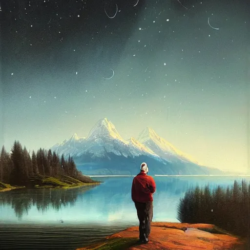 Prompt: A beautiful!!! painting of A man standing by a lake looking at snow-capped mountains in the distance, In the evening the stars shine and the moonlight shines on the lake,beautiful!!!!! sky,Landscapes.hyper detailed,8K Resolution.In style of Greg Rutkowski, by Vania Zouravliov