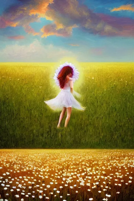 Prompt: giant white daisy flower veil, girl dancing in a flower field, surreal photography, sunrise, dramatic light, impressionist painting, colorful clouds, digital painting, artstation, simon stalenhag