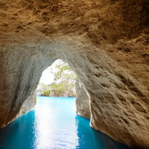 Prompt: perfectly smooth stone door cut into a cave, cenotes