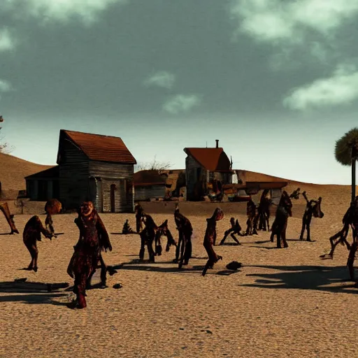 Image similar to a small village with zombie people in a barren desert