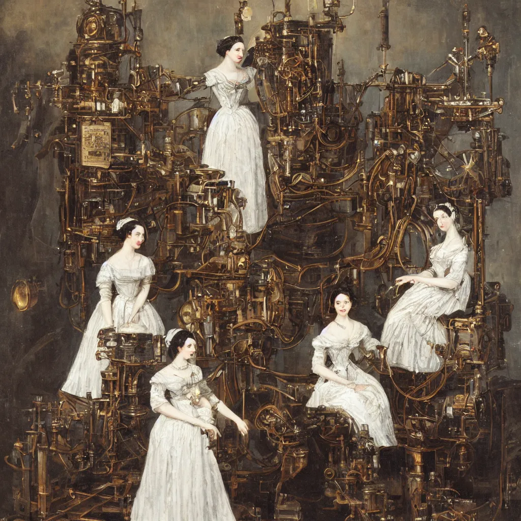 Image similar to xix century painting of ada lovelace and charles babbage next to working prototpye the difference engine, high definition, 4 k, detailed oil painting