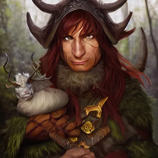 Image similar to dnd character concept portrait, angry elf druid with tamed ox pet, detailed, high quality, dynamic lighting, fantasy, artwork by artgerm, wlop, alex ross, greg rutknowski, alphonse mucha