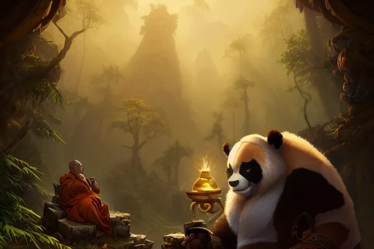 Prompt: < important > amazing portrait of the pandaren monk of the forest < / important >, hearthstone splash art, deiv calviz, splash art, natural light, elegant, intricate, fantasy, atmospheric lighting, by greg rutkowski, hearthstone splash art, hd wallpaper, ultra high details