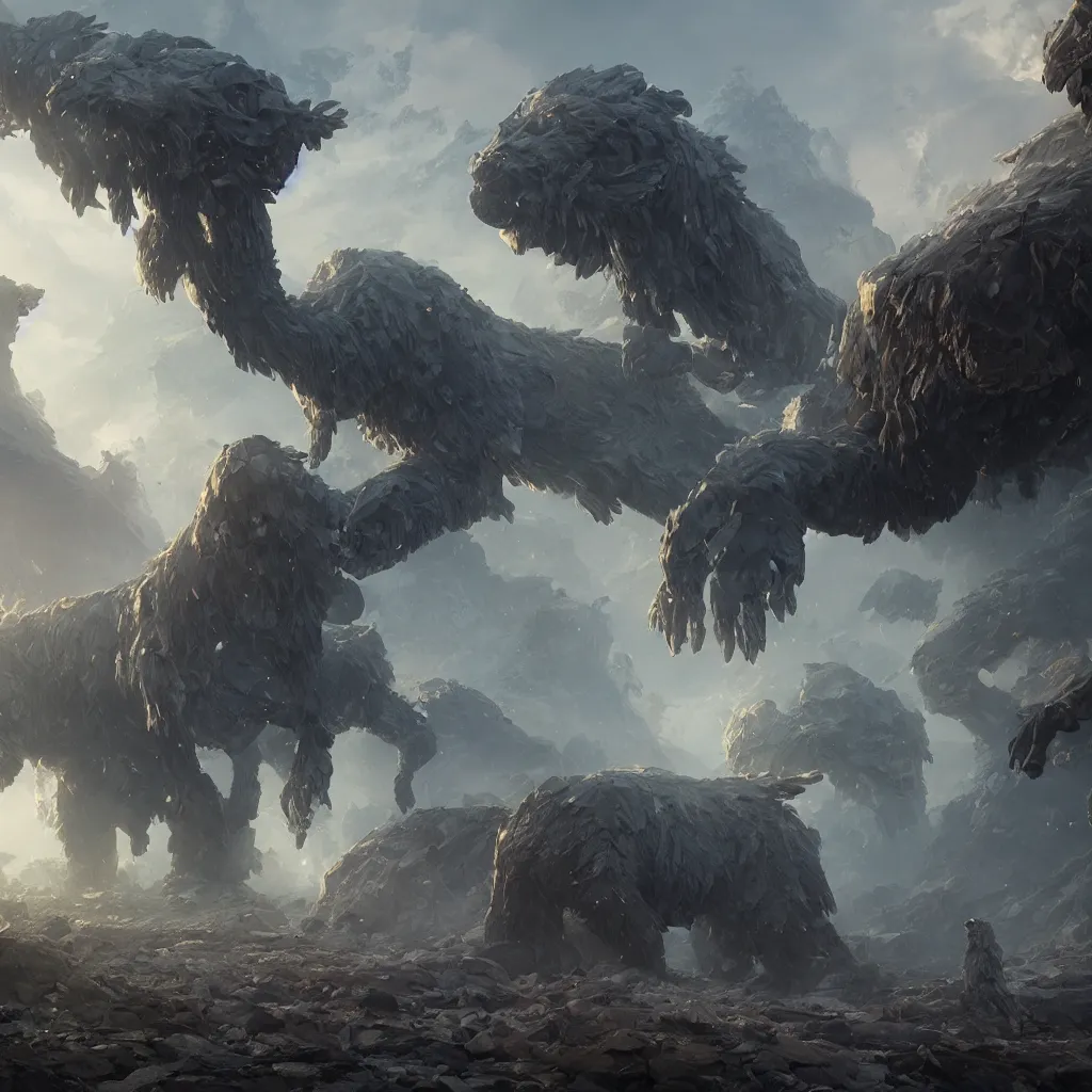 Image similar to make a giant crystal beasts by greg rutkowski, sung choi, mitchell mohrhauser, maciej kuciara, johnson ting, maxim verehin, peter konig, 8 k photorealistic, cinematic lighting, hd, high details, dramatic, atmosphereric, trending on artstation