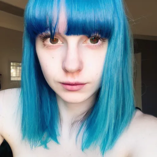 Prompt: a pale girl with blue hair, fringe, soft facial features, looking directly at the camera, neutral expression, instagram picture