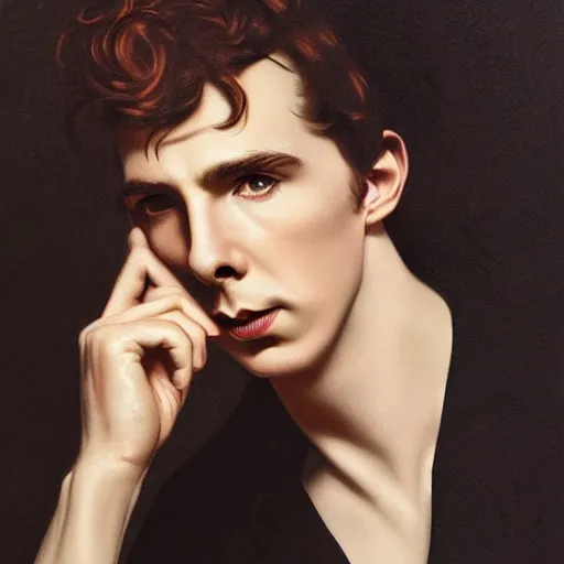 Prompt: portrait of a hybrid of benedict cumberbatch and freddie highmore and timothee chalamet, photo realistic, highly detailed, perfect face, art by rolf armstrong, monia merlo