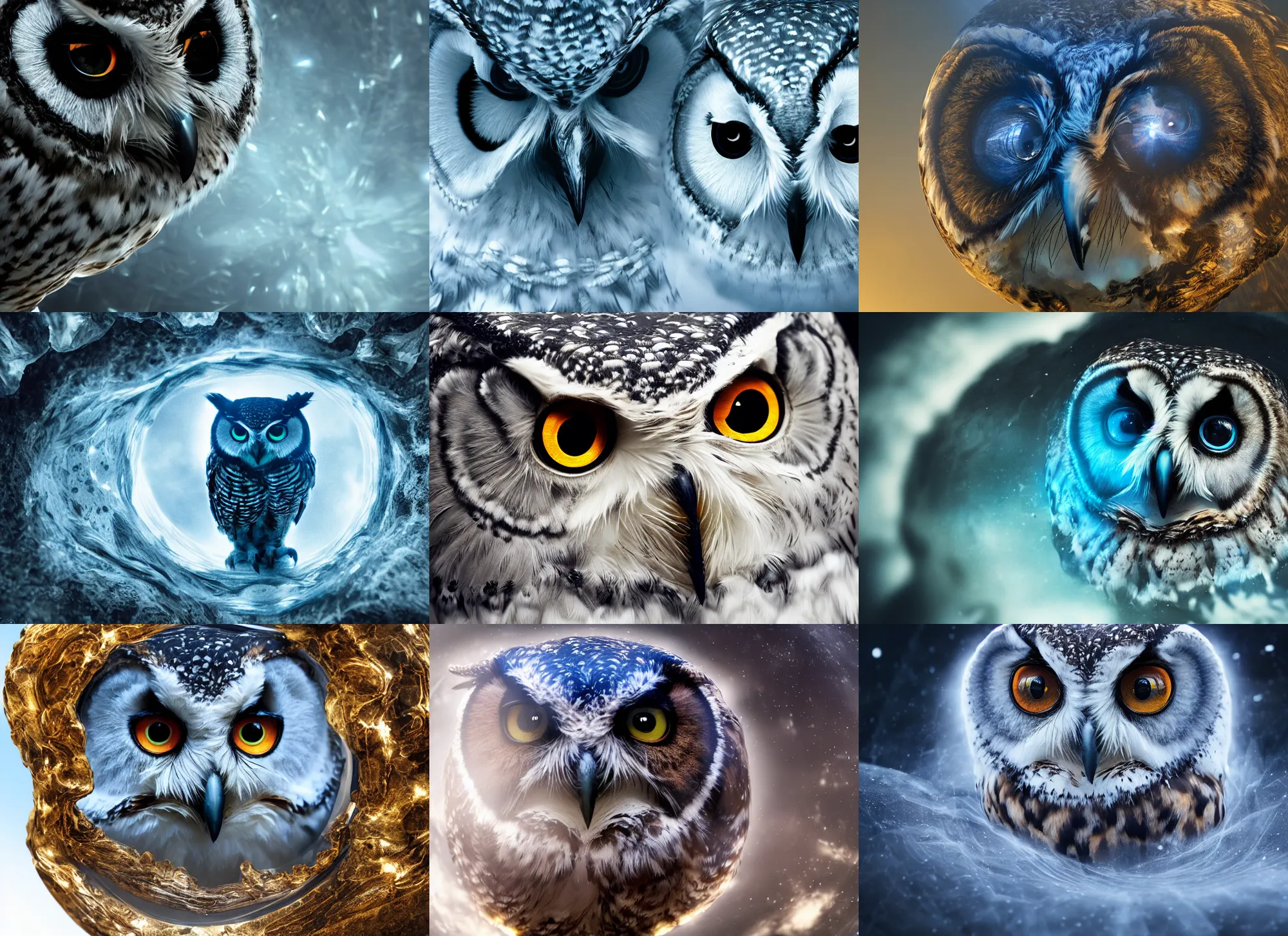 Prompt: photo face of an owl inside a glass marble, intricate detail, volumetric lighting, epic composition, hyper detailed, ultra realistic, sharp focus, octane render, volumetric, ray tracing, sense of awe, swirling mist, blue moon