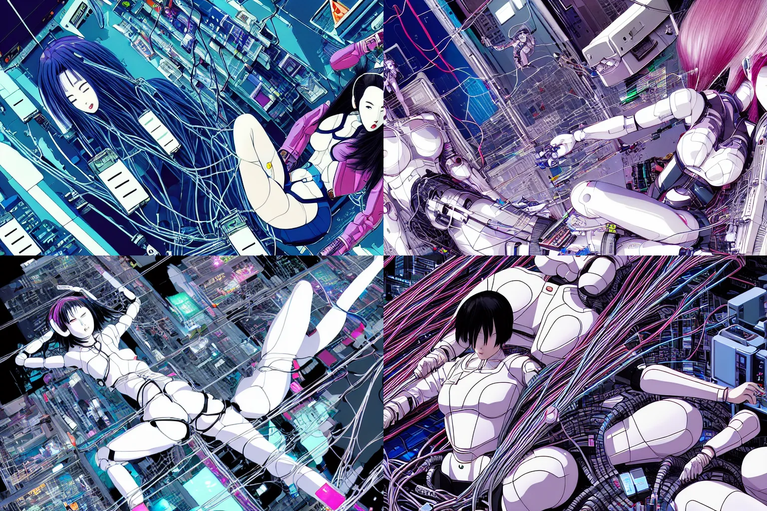 Prompt: a cyberpunk illustration of a group of super coherent female androids in style of yukito kishiro, lying on an abstract, empty, white floor with their body parts scattered around in various poses and cables and wires coming out, by masamune shirow and katsuhiro otomo, hyper-detailed, intricate, colorful, view from above, wide angle, close up, beautiful