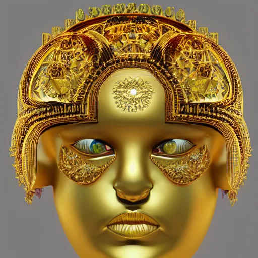 Image similar to a beautiful symmetrical face wearing a crown made of golden ornaments and gems by alex gray and android jones, 3D, 8k resolution