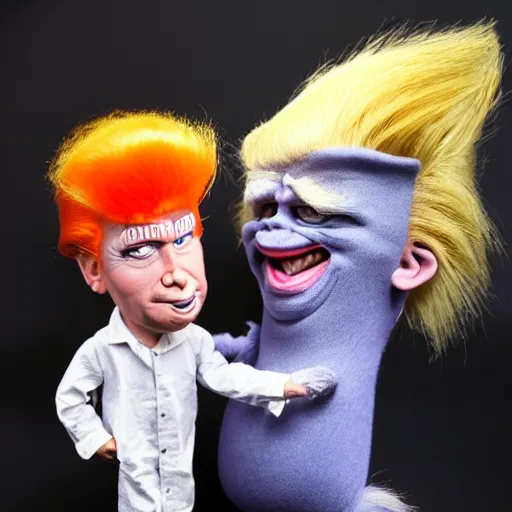 Image similar to Donald Trump as a troll doll, studio photo,