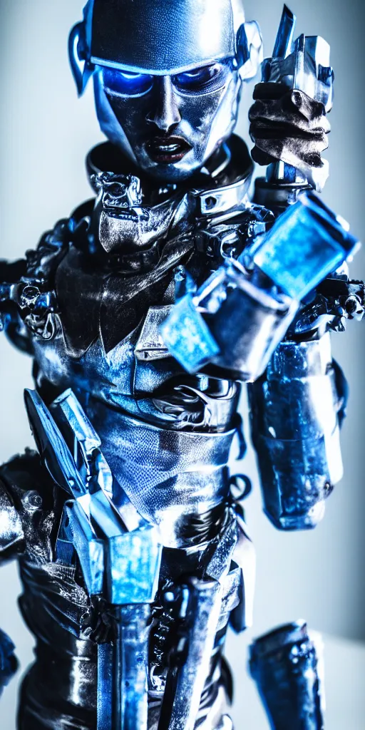 Prompt: a photo of cyborg samurai posing with a blue katana, futuristic, holographic, 8k, sharp focus, fujifilm