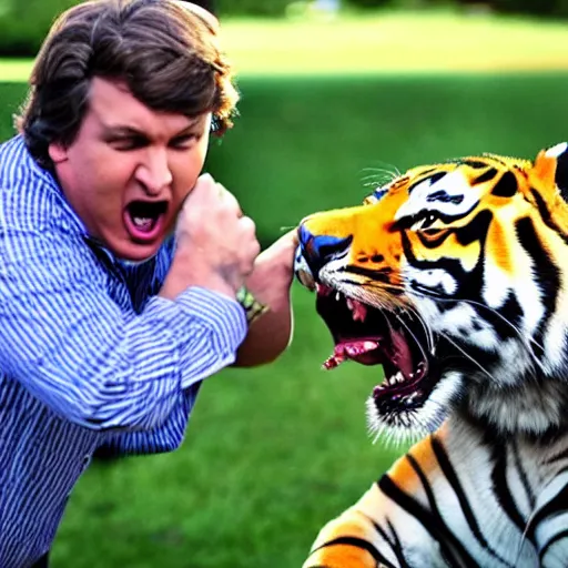 Image similar to a high quality photograph of Tucker Carlson being attacked by a sabertooh tiger, teeth ripping his flesh, he is screaming in agony on the set of Tucker Carlson tonight live on Fox News