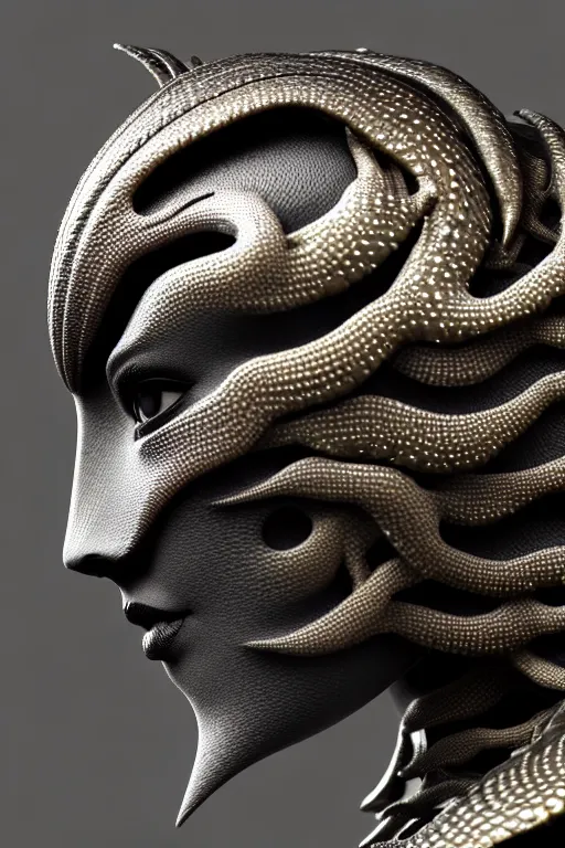 Image similar to bw close - up profile face, black background, beautiful young porcelain vegetal - dragon - cyborg - female, 1 5 0 mm, beautiful natural soft rim light, silver gold details, magnolia leaves and stems, roots, mandelbot fractal, elegant, ultra detailed, white metallic armour, octane render, h. r. giger style